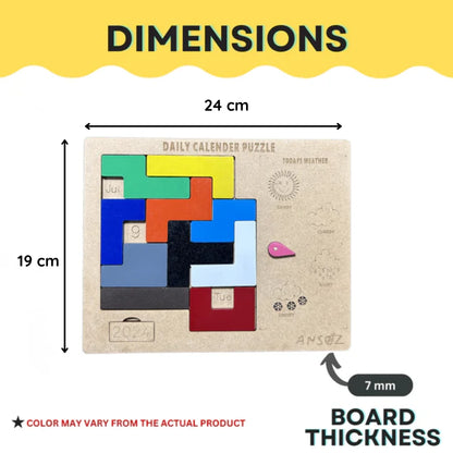 A product dimension diagram for a daily calendar puzzle, showing a beige wooden board with colorful puzzle pieces and measurement labels: 24 cm width, 19 cm height, and 7 mm board thickness. The top reads 'DIMENSIONS' and a note says color may vary from the actual product.