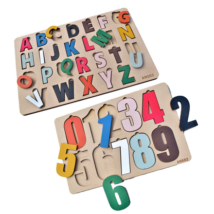 0-9 Number and Alphabet Combo Wooden Puzzle Board