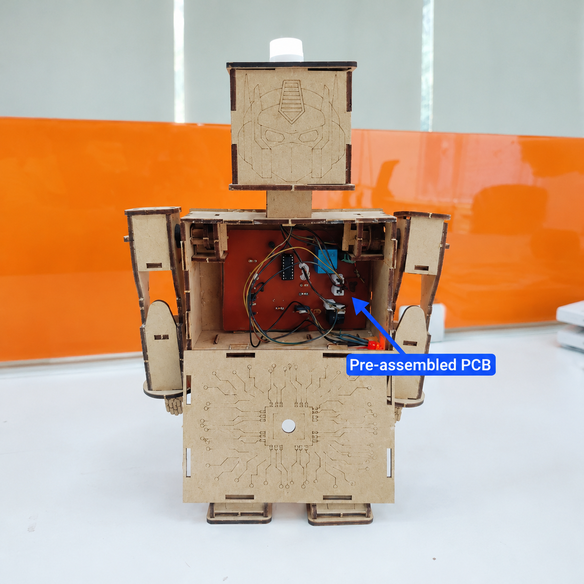 ANSOZ DIY Wooden Light Beam Control Robot Kit featuring a pre-assembled PCB, internal electronic components.