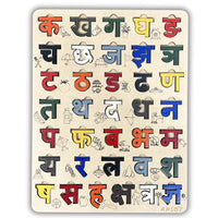 A close-up look at the Hindi  varnamala alphabet wooden learning puzzle. The photograph draws attention to the vivid lettering and the three-dimensional objects.
