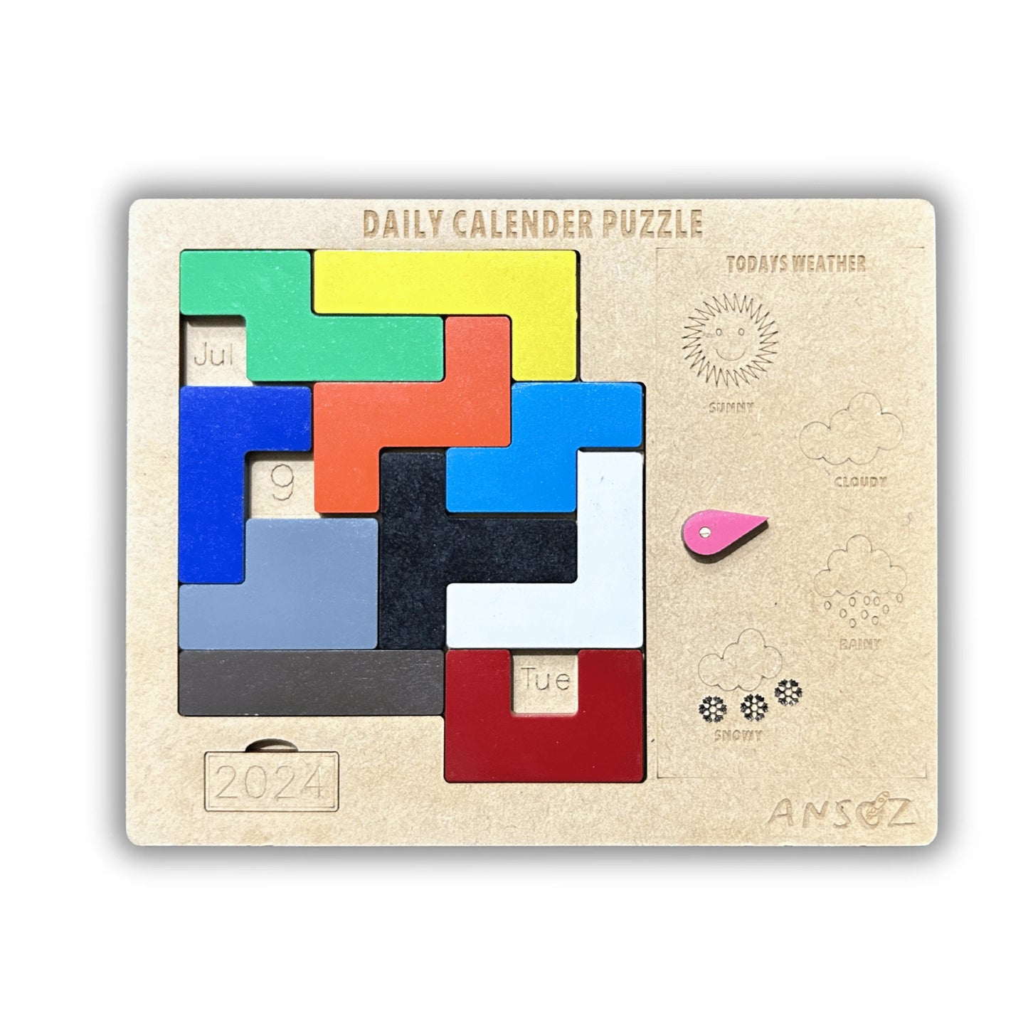 A wooden daily calendar puzzle toy by ANSOZ, featuring colorful interlocking puzzle pieces on a light beige wood base with weather icons and a pink moon pointer.