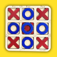A wooden tic-tac-toe game board with red X shapes and blue O shapes on a bright yellow background.