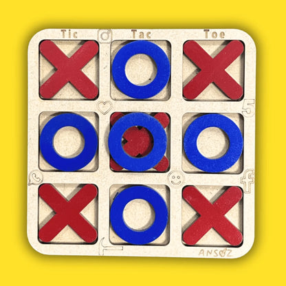 A wooden tic-tac-toe game board with red X shapes and blue O shapes on a bright yellow background.