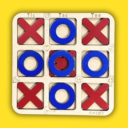 A wooden tic-tac-toe game board with red X shapes and blue O shapes on a bright yellow background.