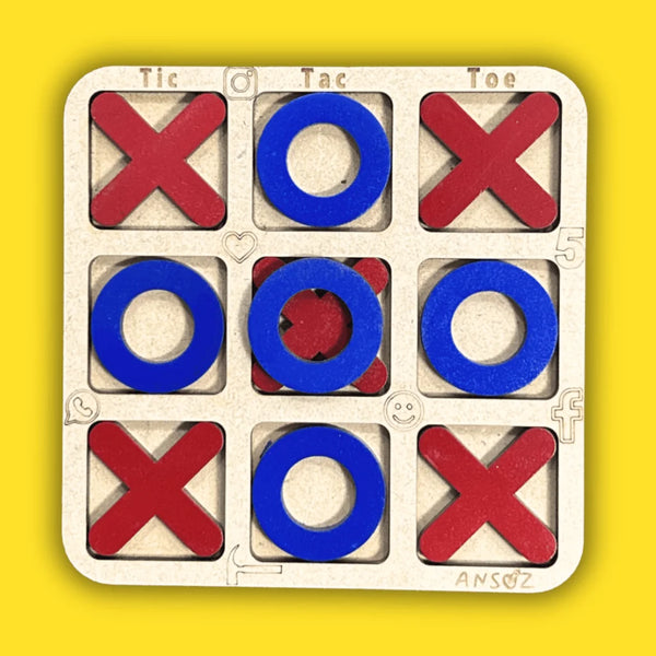 A wooden tic-tac-toe game board with red X shapes and blue O shapes on a bright yellow background.