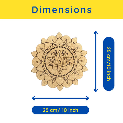 A dimension diagram showing a round natural wood mandala plaque with a lotus flower design, labeled with measurements of 25 cm / 10 inch on both width and height.
