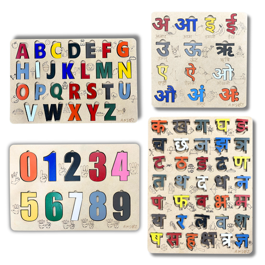 4-in-1 Wooden Puzzle Activity Kit  Hindi (Vowels & Consonants) Numbers & English Alphabets