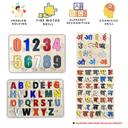 4-in-1 Wooden Puzzle Activity Kit  Hindi (Vowels & Consonants) Numbers & English Alphabets