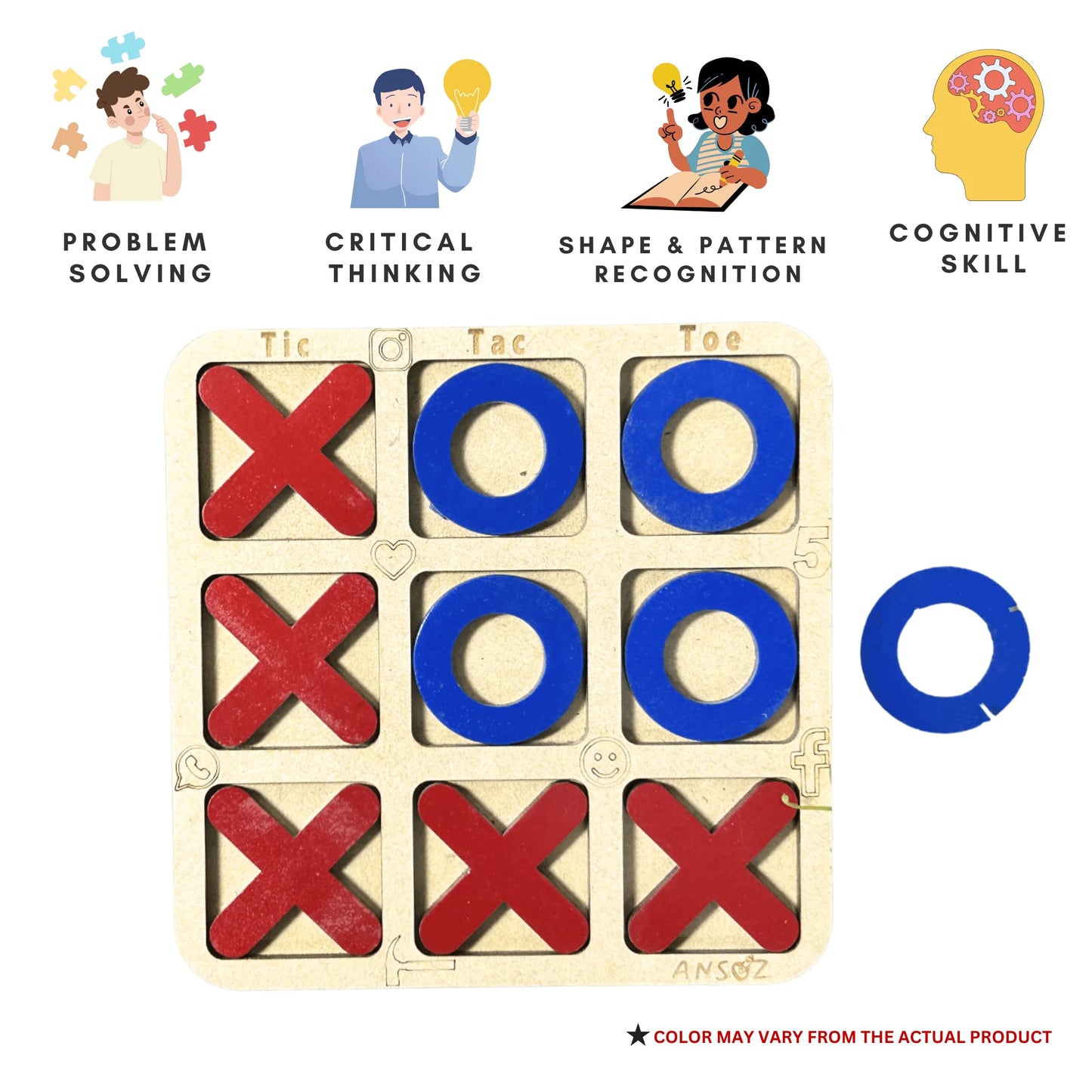 A wooden 3x3 tic-tac-toe game board with red X marks and blue O marks, shown on a white background with educational icons and text above. The board includes labeled slots for Tic, T-ax, and Toe, and a separate blue O piece is shown to the right.