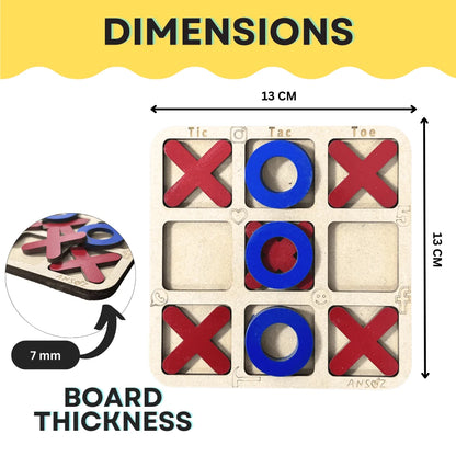 A product dimension diagram for a wooden tic-tac-toe game board. The image shows the board with red X and blue O pieces, labeled 13 cm by 13 cm in size, plus a callout indicating 7 mm board thickness.