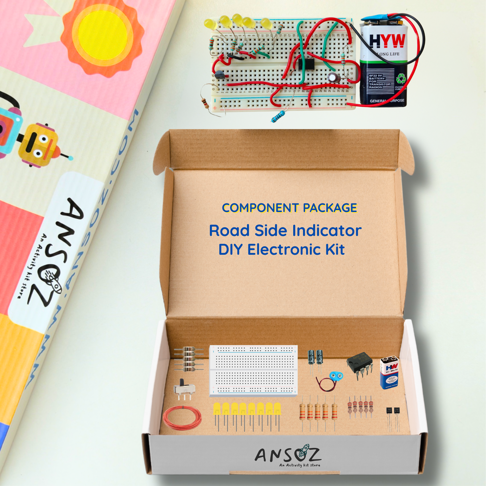 List of electronic components included in DIY electronics kit such as resistors, capacitors, LEDs, sensors and wires