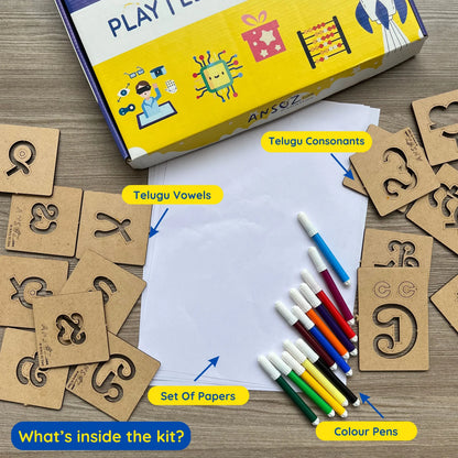 Play and learn kit with Telugu alphabet stencils for kids