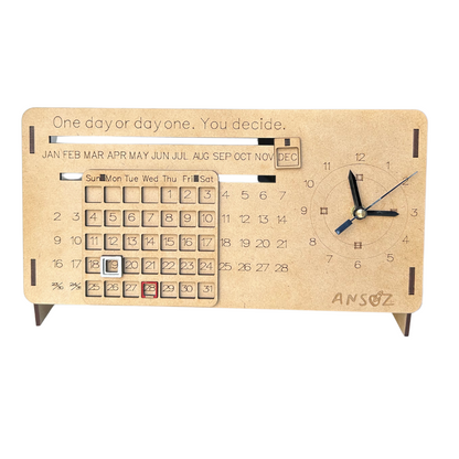 Wooden Lifetime Desk Calendar With Clock | Table Calendar For Office & Home